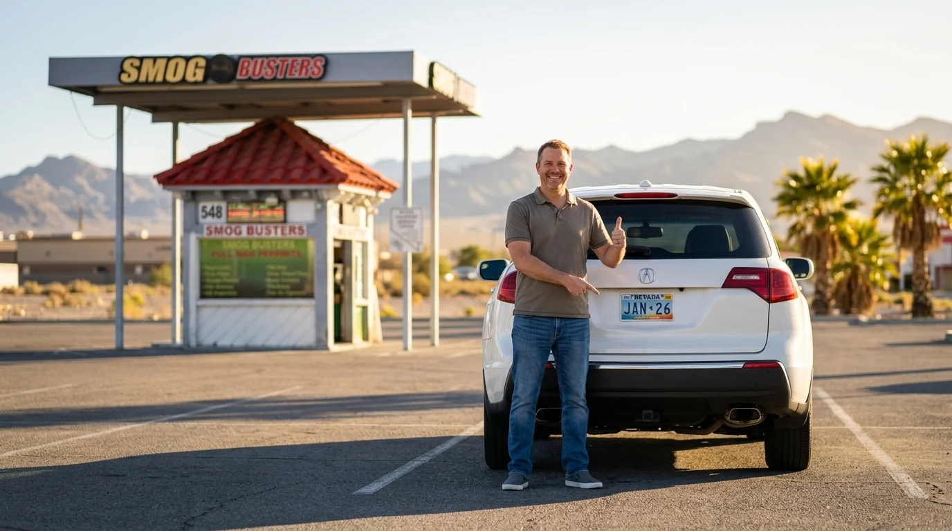Satisfied Las Vegas driver pulling away from Smog Busters with fresh Nevada registration tags after 48-hour expedited service