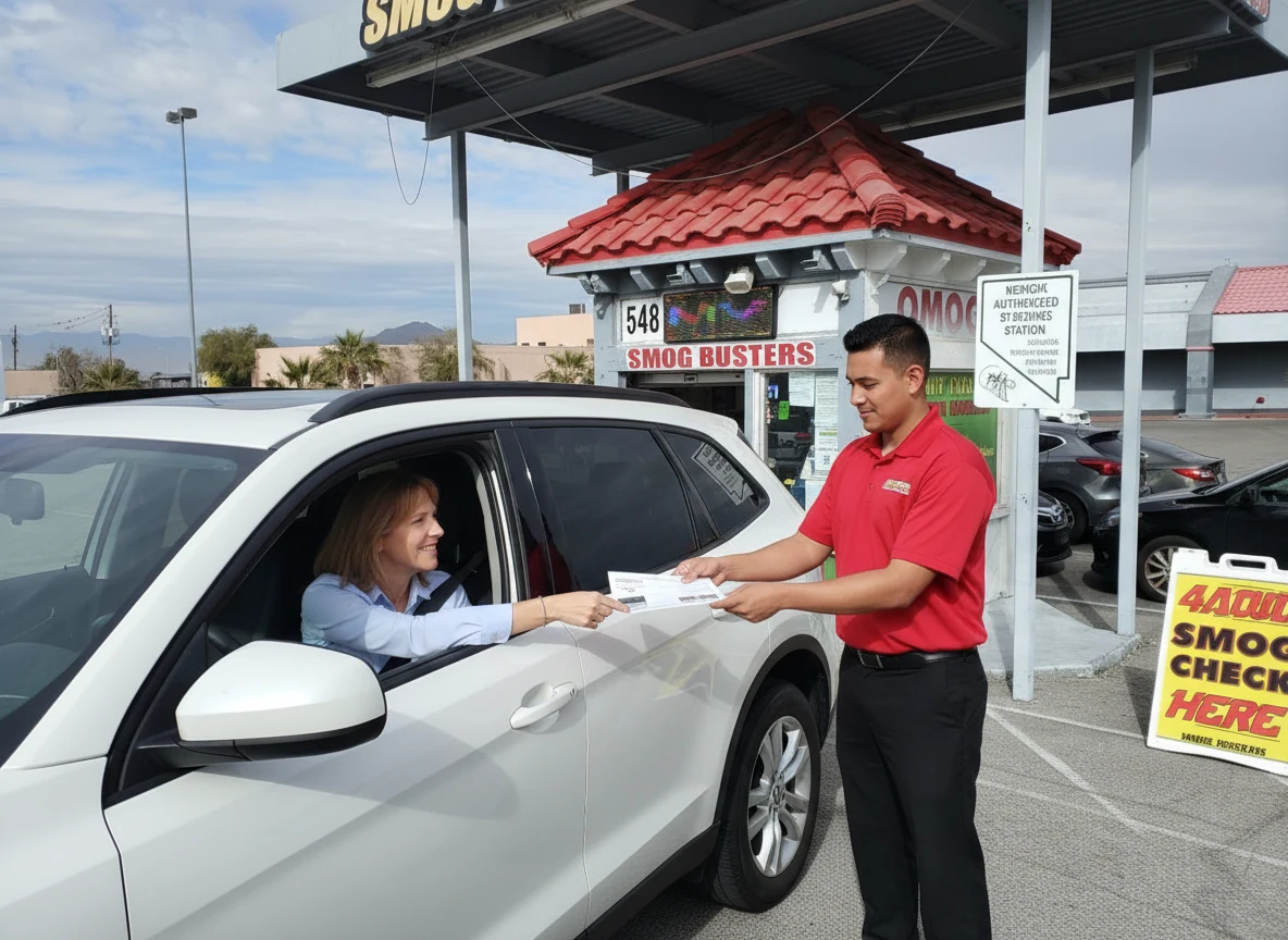 Customer handing renewal paperwork to a Smog Busters agent for 48-hour expedited DMV tag service in Las Vegas