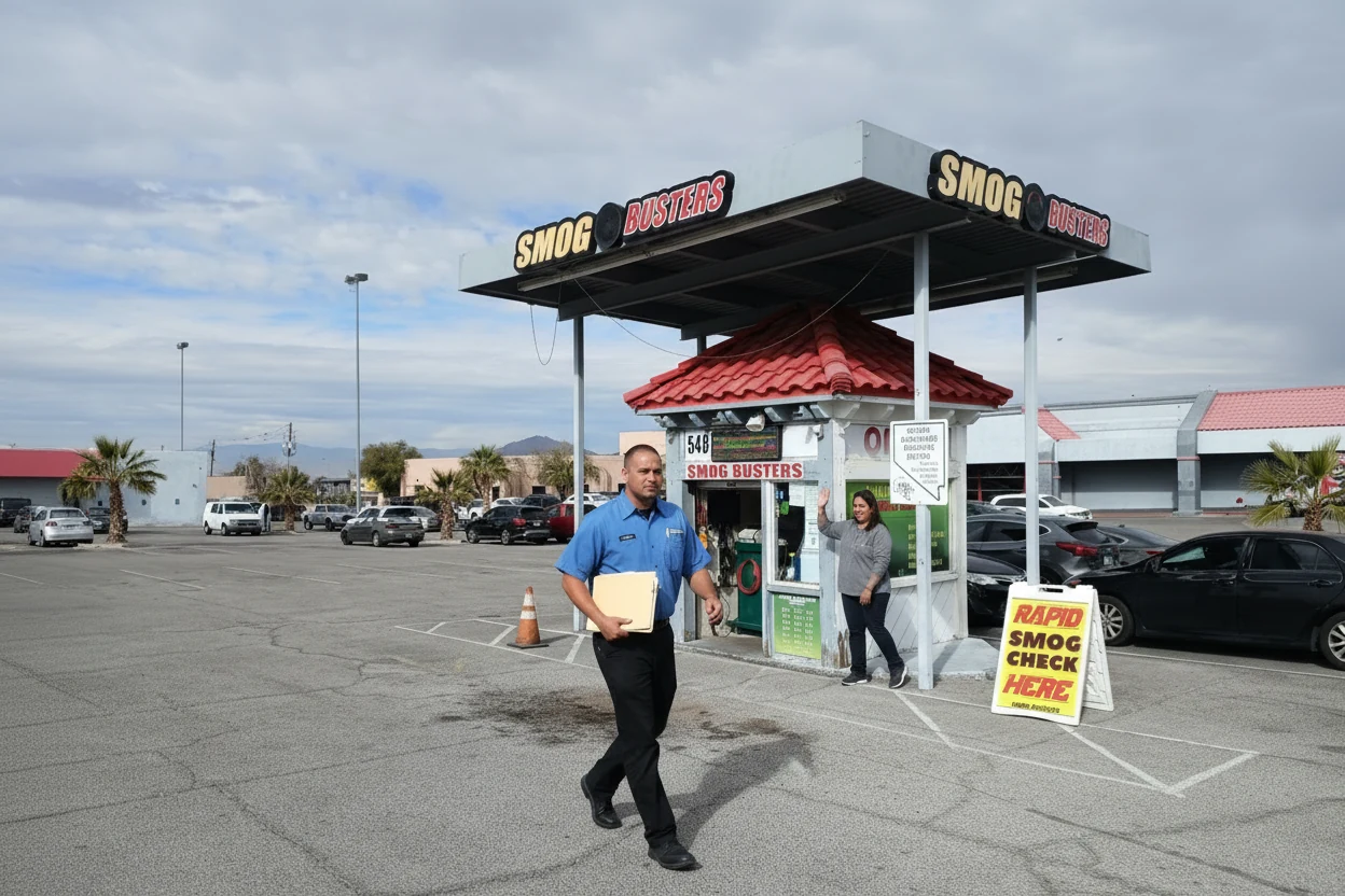 Smog Busters agent with a folder of customer DMV paperwork heading out for the 48-hour expedited retrieval service in Las Vegas