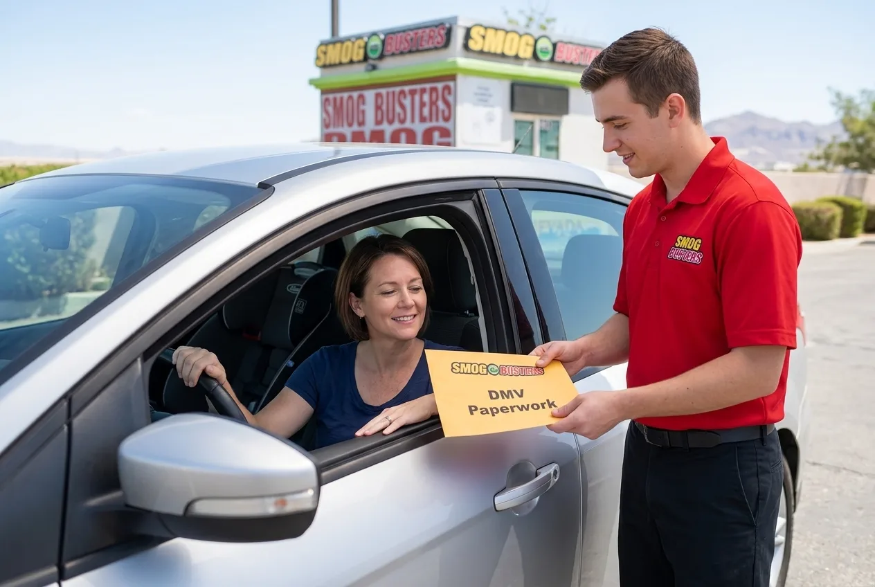 Smog Busters technician at the Arroyo Grande & American Pacific hut in Henderson helping a customer