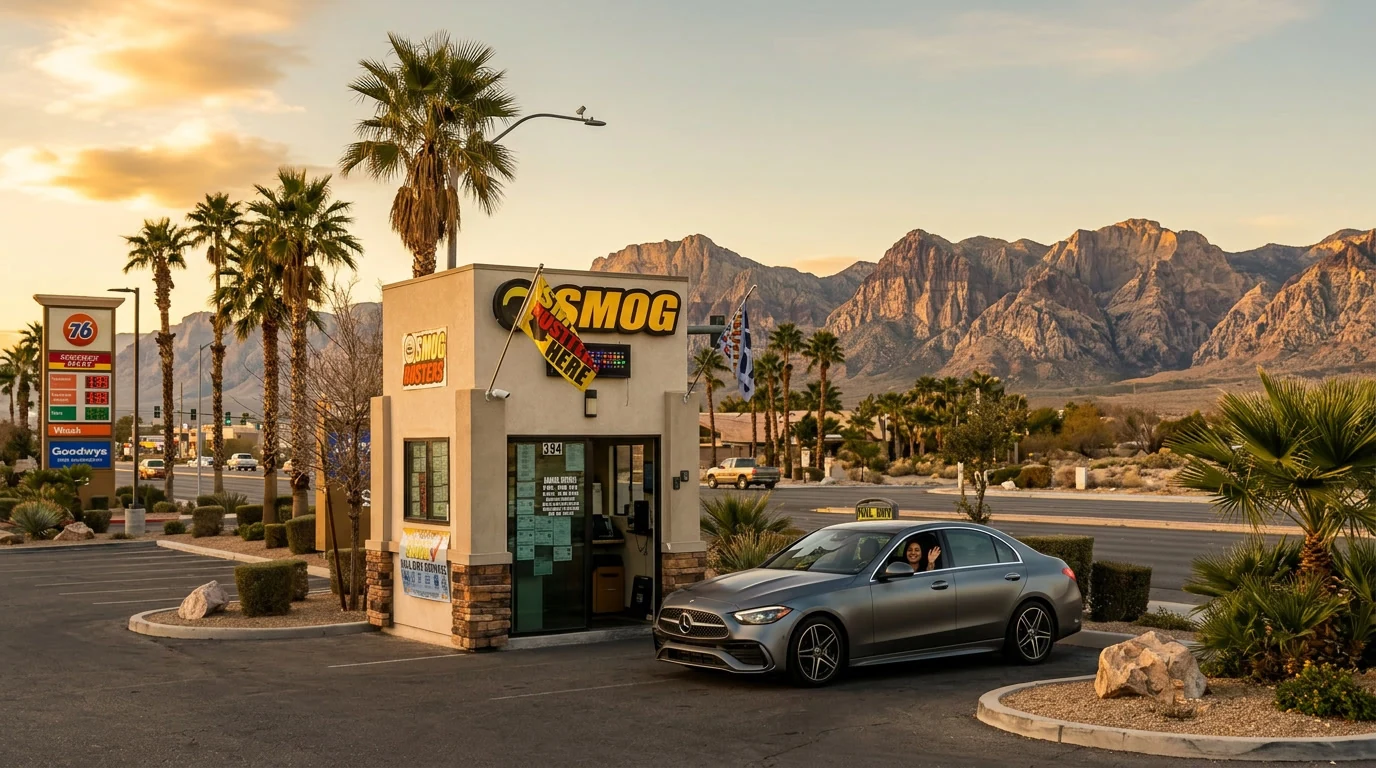 New car driving off from Smog Busters with Nevada registration paperwork in hand