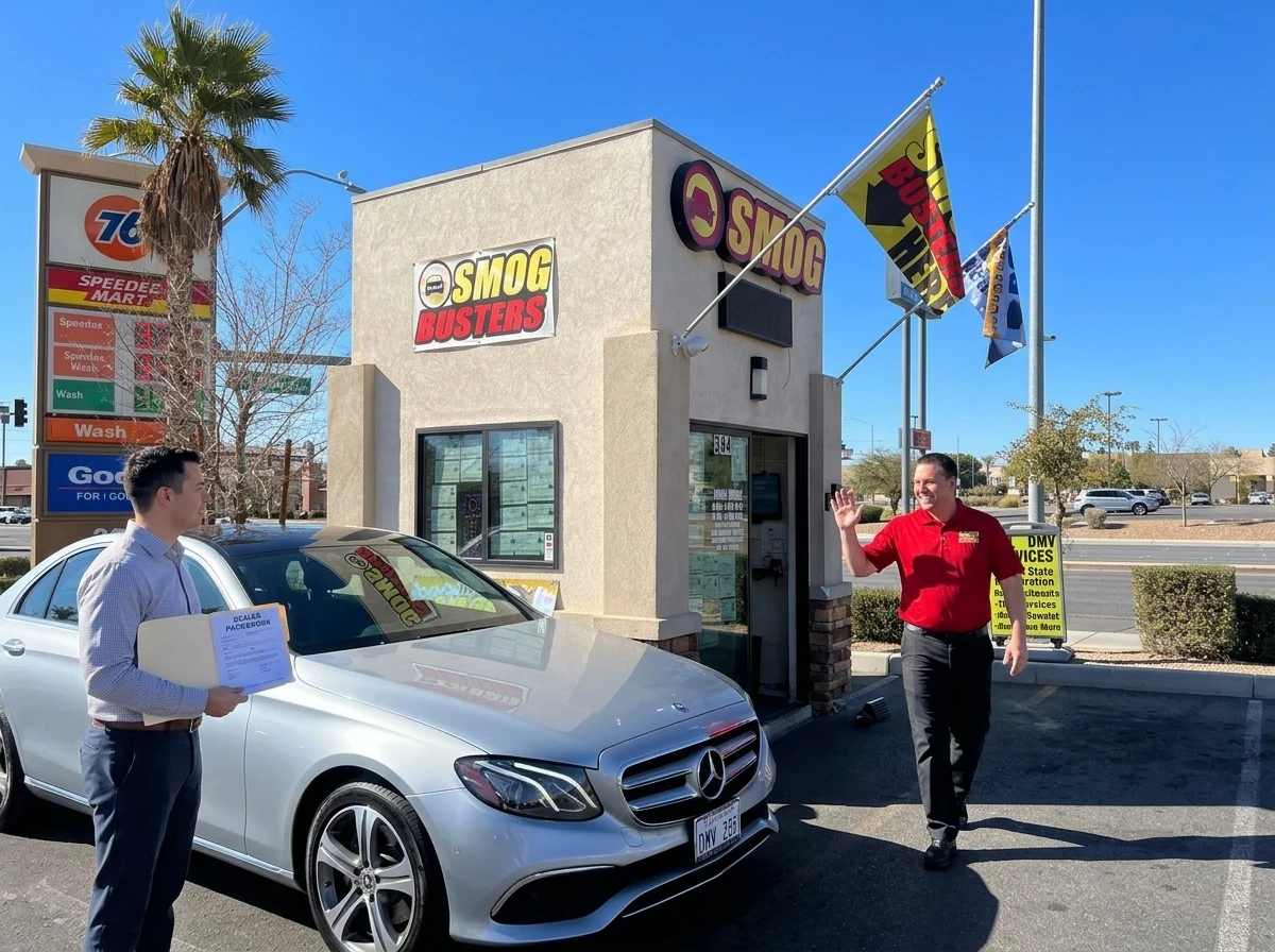 New car owner pulling up at a Smog Busters hut to handle Nevada vehicle registration