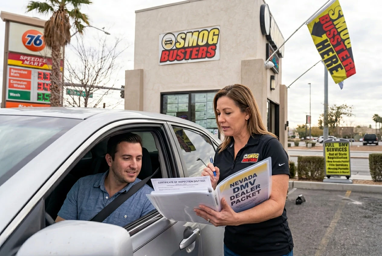 Smog Busters agent reviewing new vehicle paperwork with a Las Vegas customer at the hut