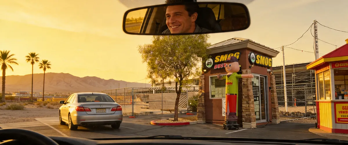 Las Vegas driver smiling and pulling out of the Smog Busters lot with the check engine light finally off