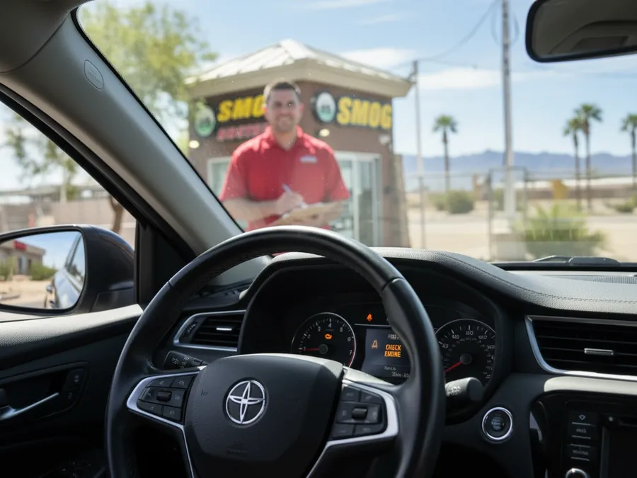 Concerned Las Vegas driver at the steering wheel of a sedan with the check engine light illuminated, with a Smog Busters technician at the driver window offering help