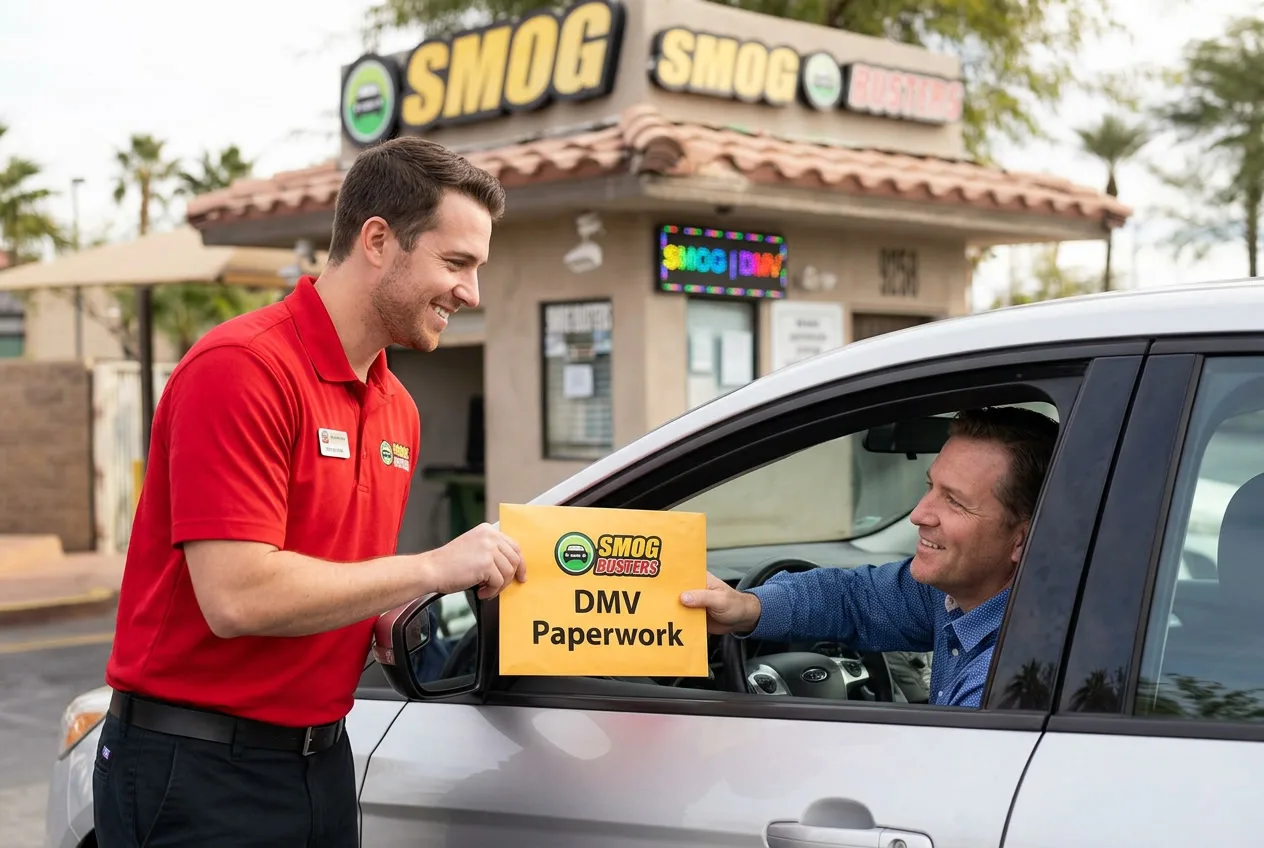 Smog Busters technician at the Eastern & Serene hut helping a customer with DMV paperwork
