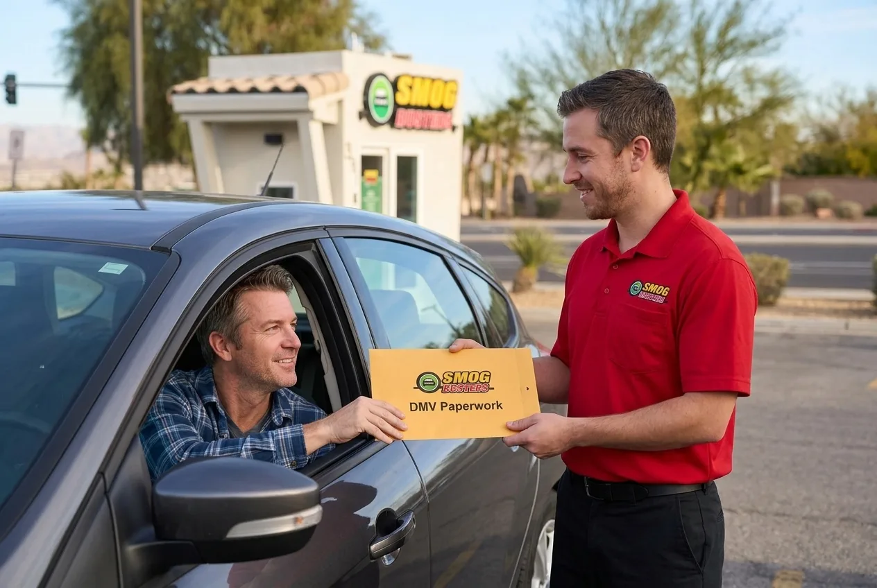 Tecnico de Smog Busters en la estacion de Horizon Ridge y Arroyo Grande en Henderson ayudando a un cliente con tramites del DMV