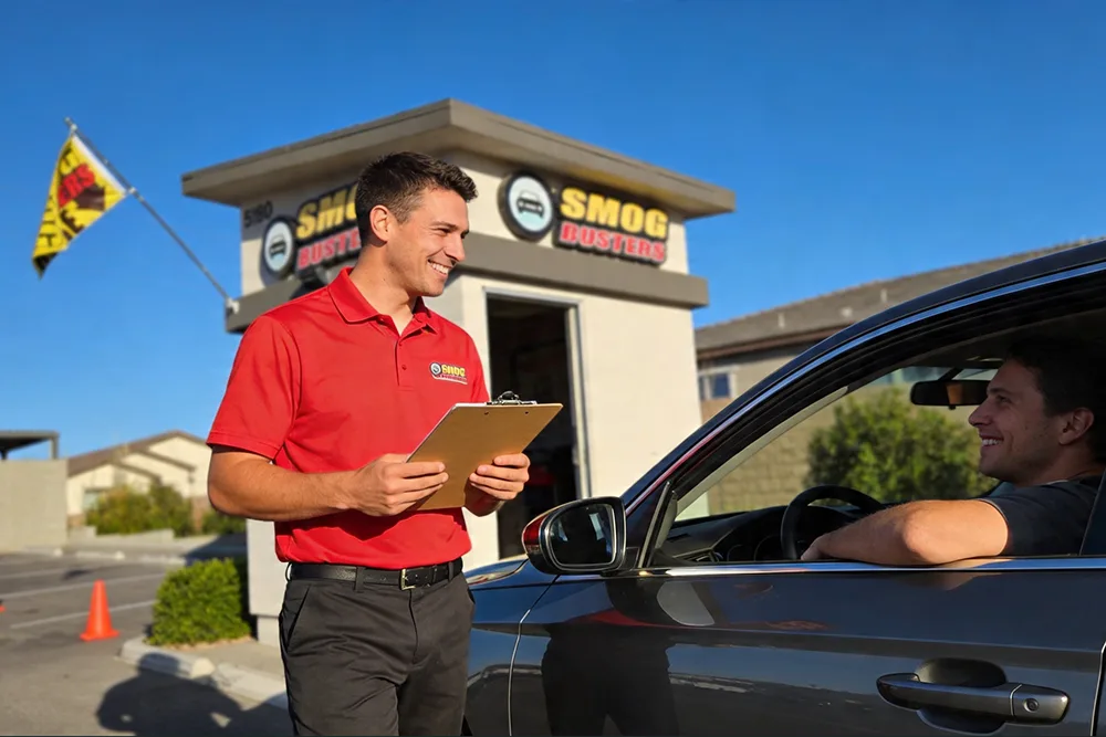 Smog Busters technician performing a 15-minute emissions test at the driver's window