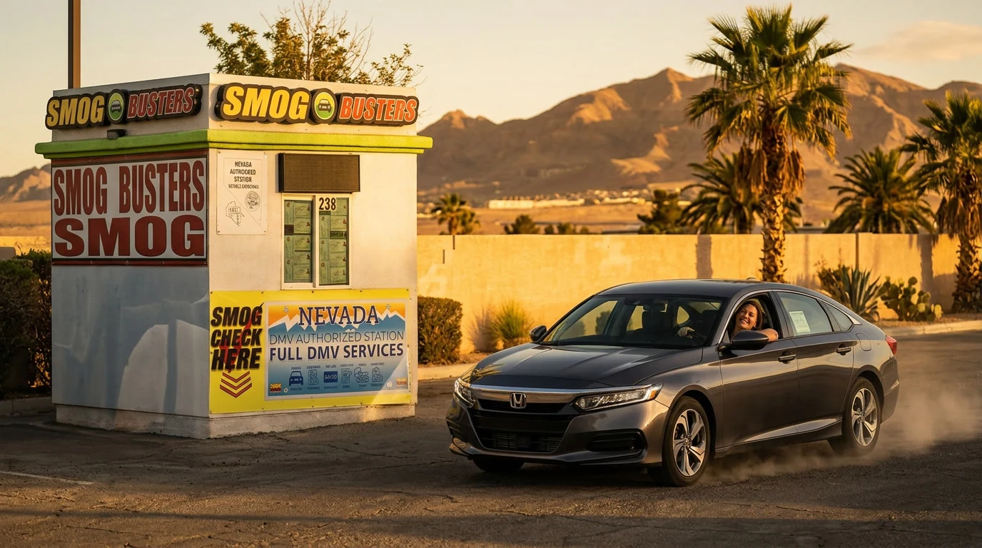 Nevada driver leaving Smog Busters with DMV services complete in one stop