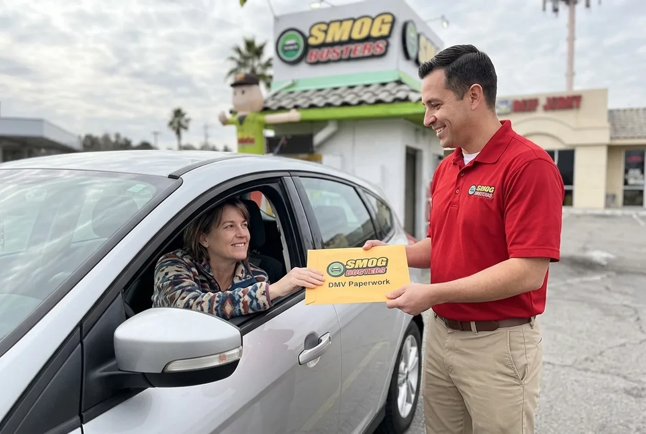 Smog Busters technician at the Pecos and Sunset hut in southeast Las Vegas helping a customer with DMV paperwork