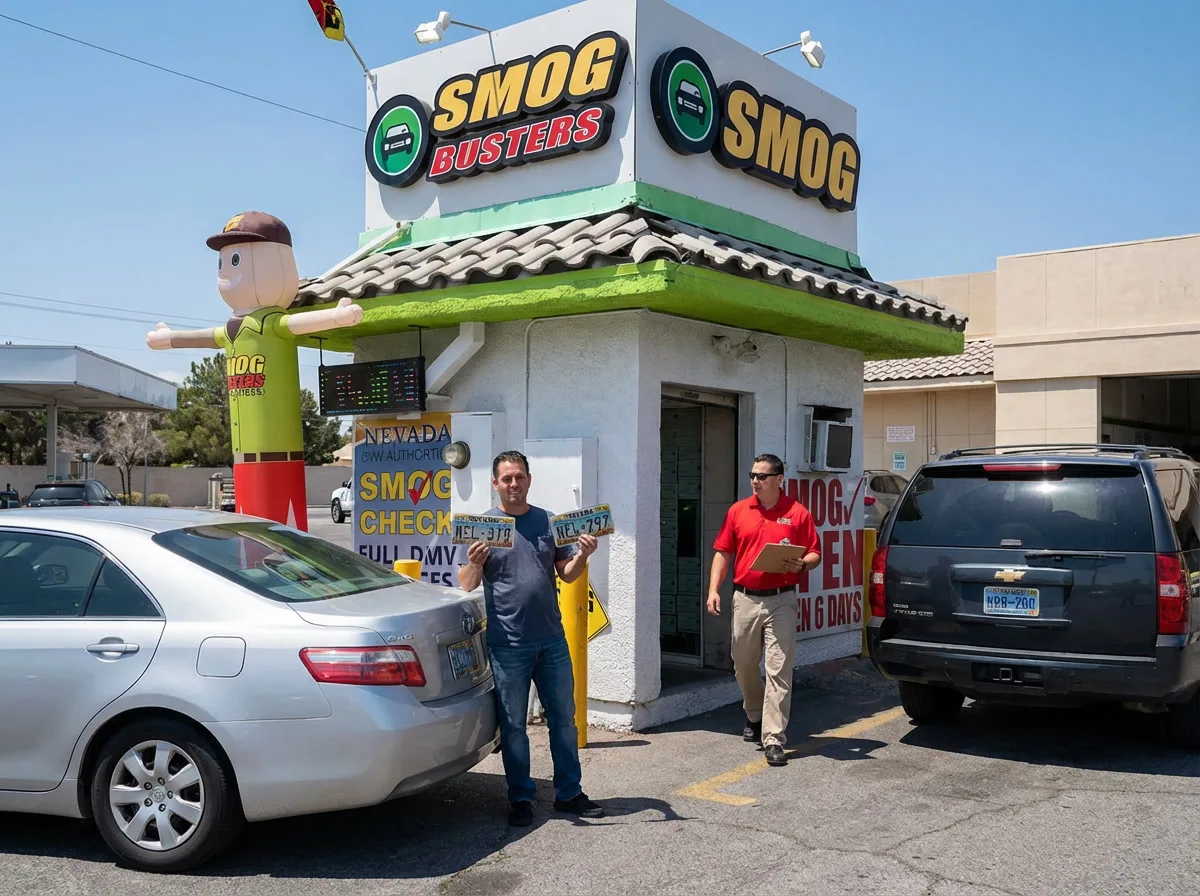 Two Nevada vehicles side by side at a Smog Busters hut for a license plate transfer