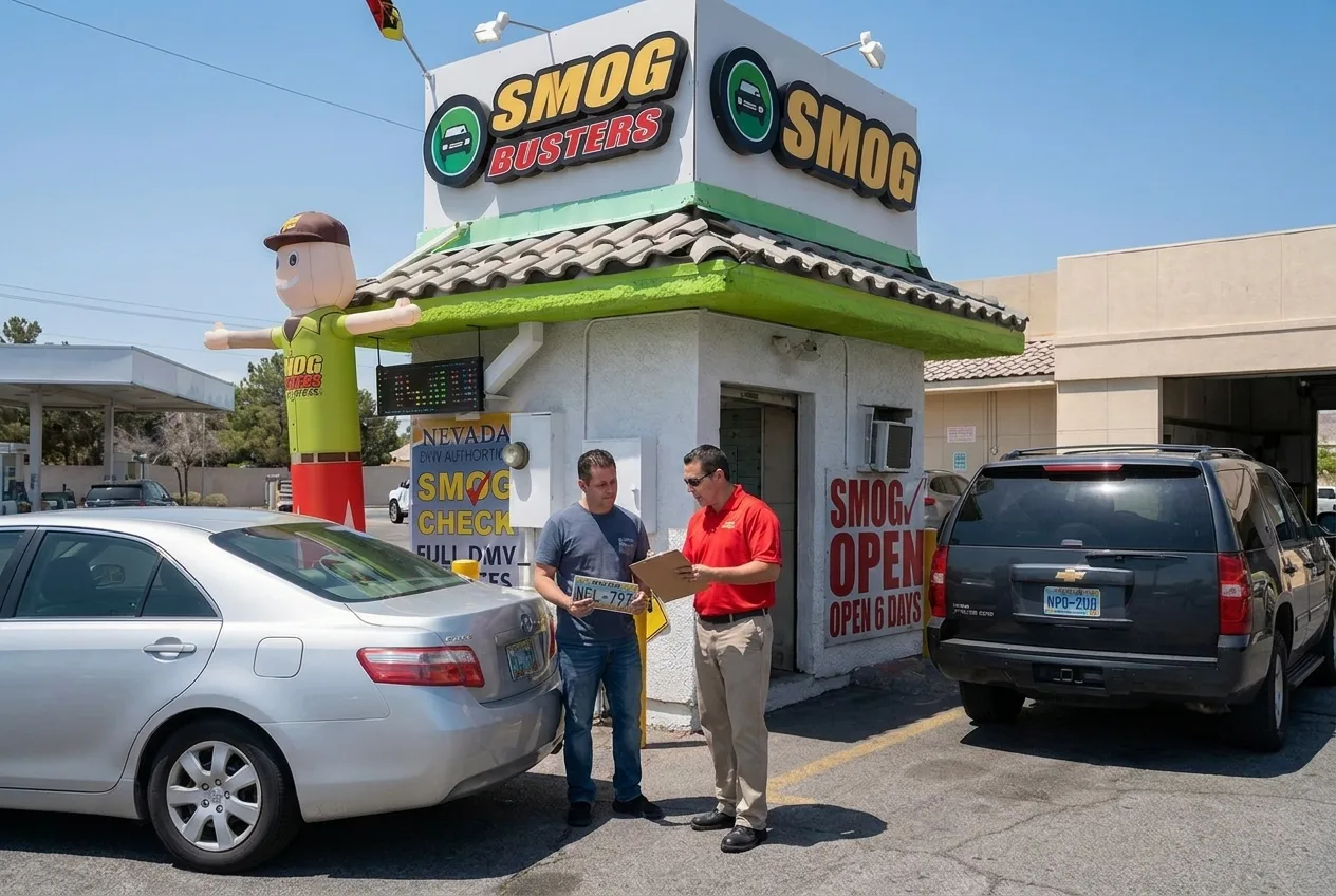 Smog Busters agent processing a Nevada license plate transfer from one vehicle to another