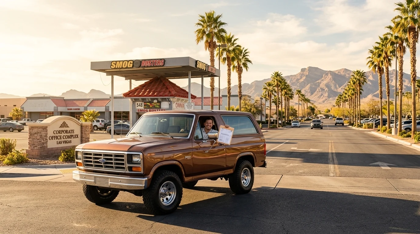 Rebuilt vehicle owner leaving the Smog Busters E Sahara location with salvage title paperwork completed
