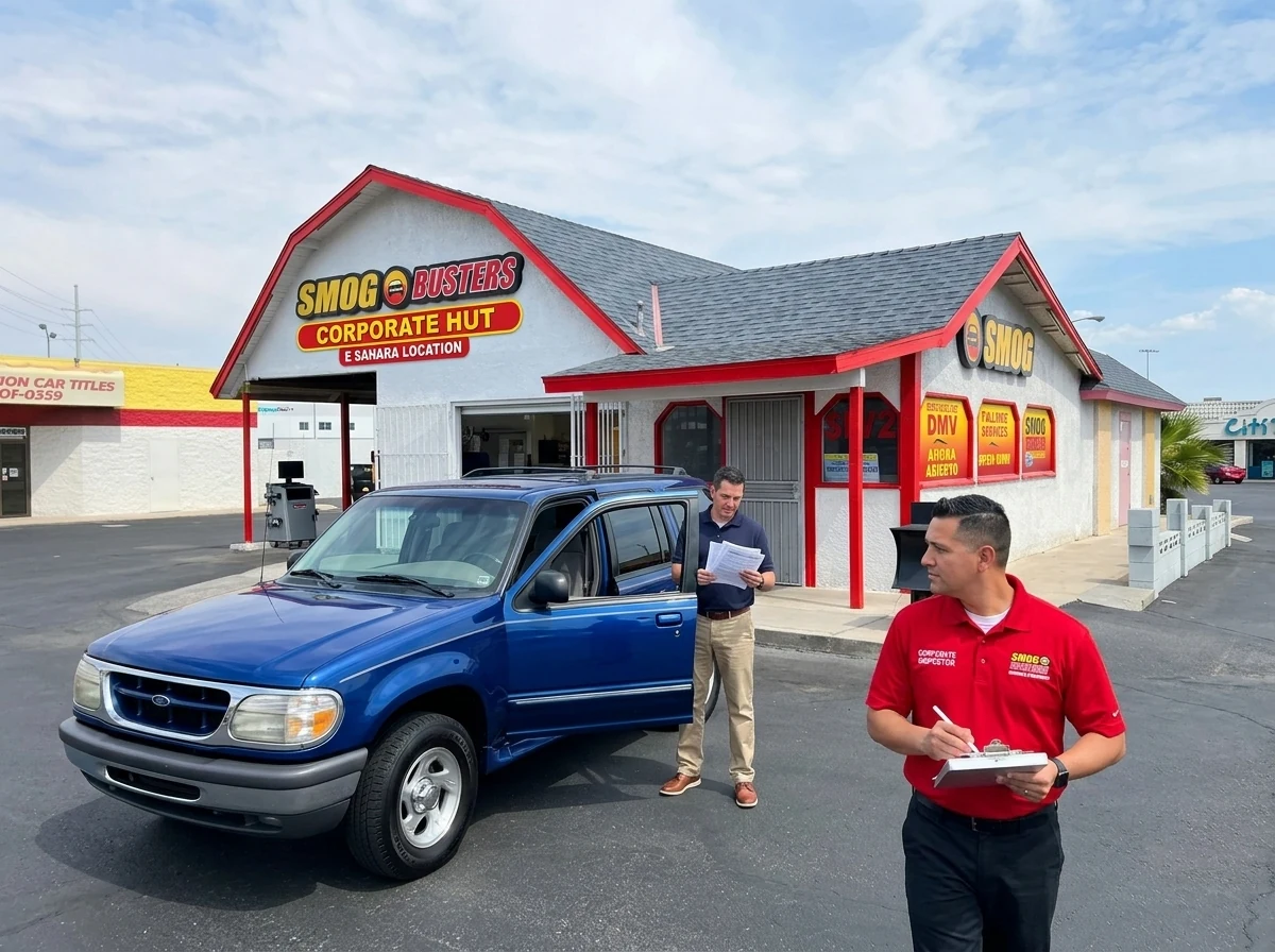 Owner arriving with a rebuilt vehicle at the Smog Busters E Sahara corporate location for a salvage title inspection