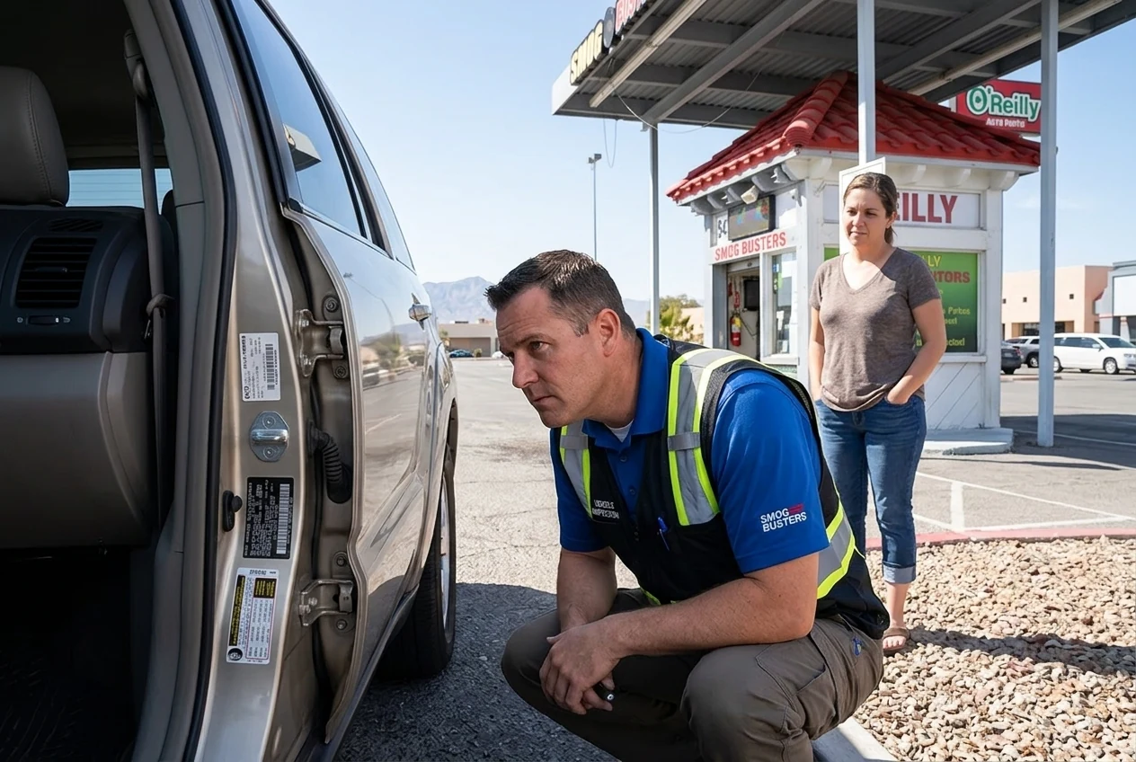 Smog Busters inspector reviewing a rebuilt vehicle for a Nevada salvage title inspection