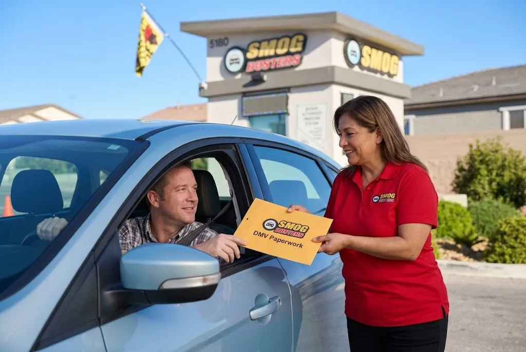 Spanish-speaking technician at the Blue Diamond & Decatur Smog Busters hut helping a customer with DMV paperwork