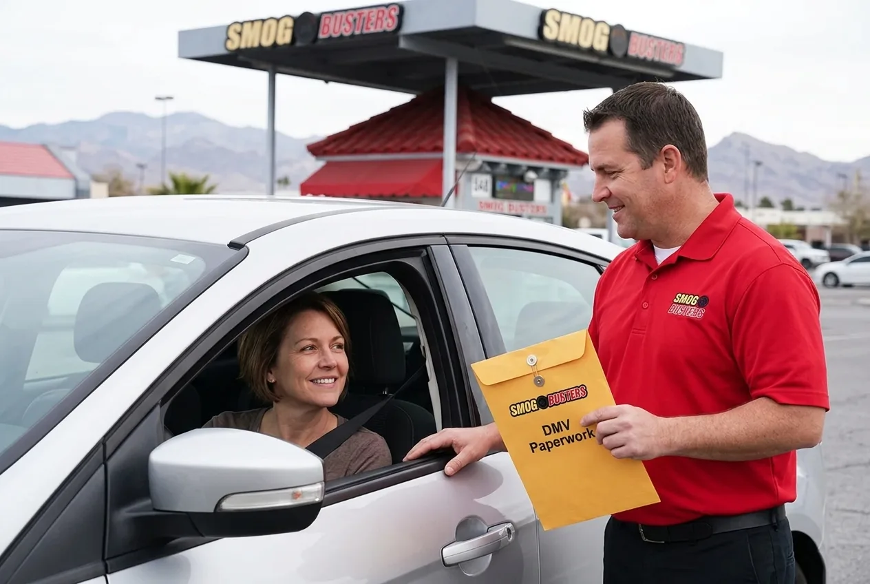Smog Busters technician at the Boulder Hwy and Basic hut in Henderson conducting a smog inspection
