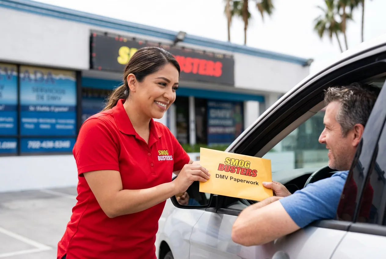 Spanish-speaking technician at the Sahara & Atlantic Smog Busters HQ hut helping a customer with DMV paperwork