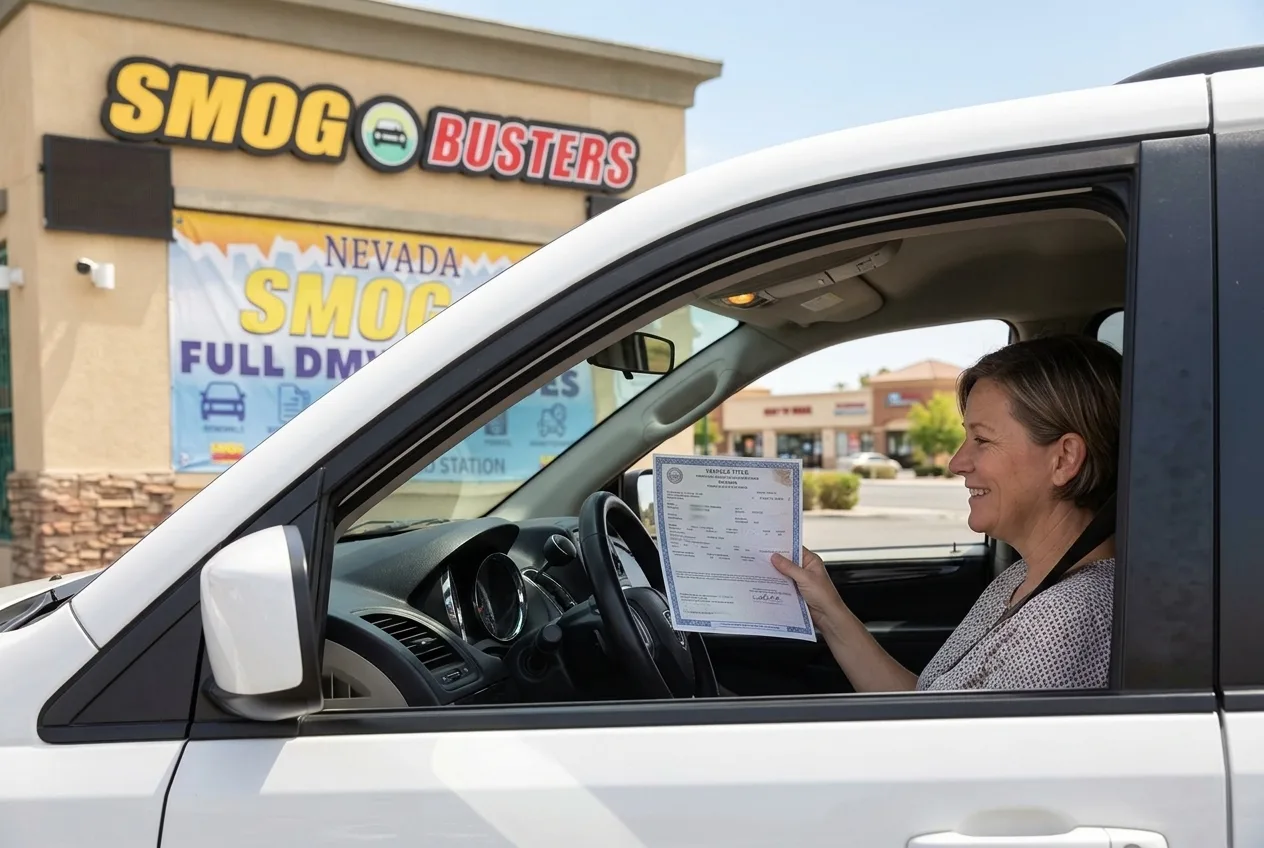 Spanish-speaking technician at the Flamingo & Cimarron Smog Busters hut helping a customer with DMV paperwork