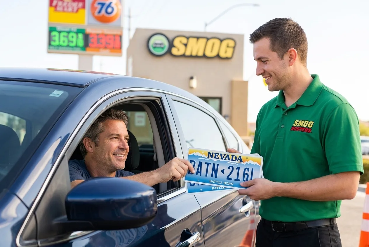 Smog Busters technician at the Grand Canyon & Russell hut helping a customer with DMV paperwork