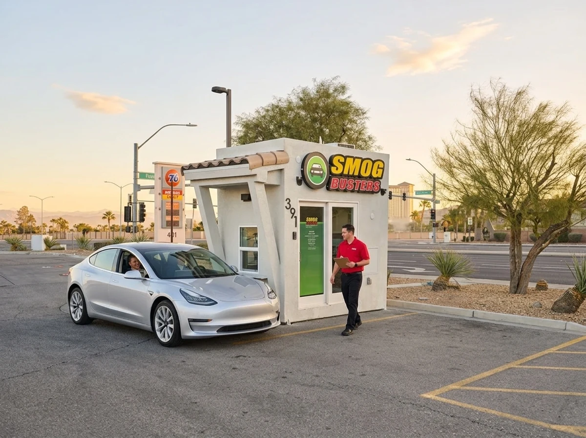 Smog Busters hut on Sunset Road in Henderson with a customer at the driver window during a Nevada smog check