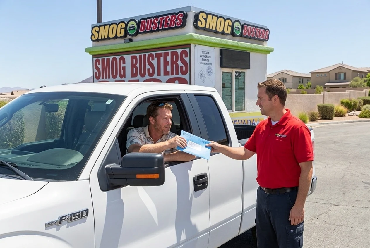 Smog Busters technician handing Nevada registration paperwork to a Henderson driver through the open driver window