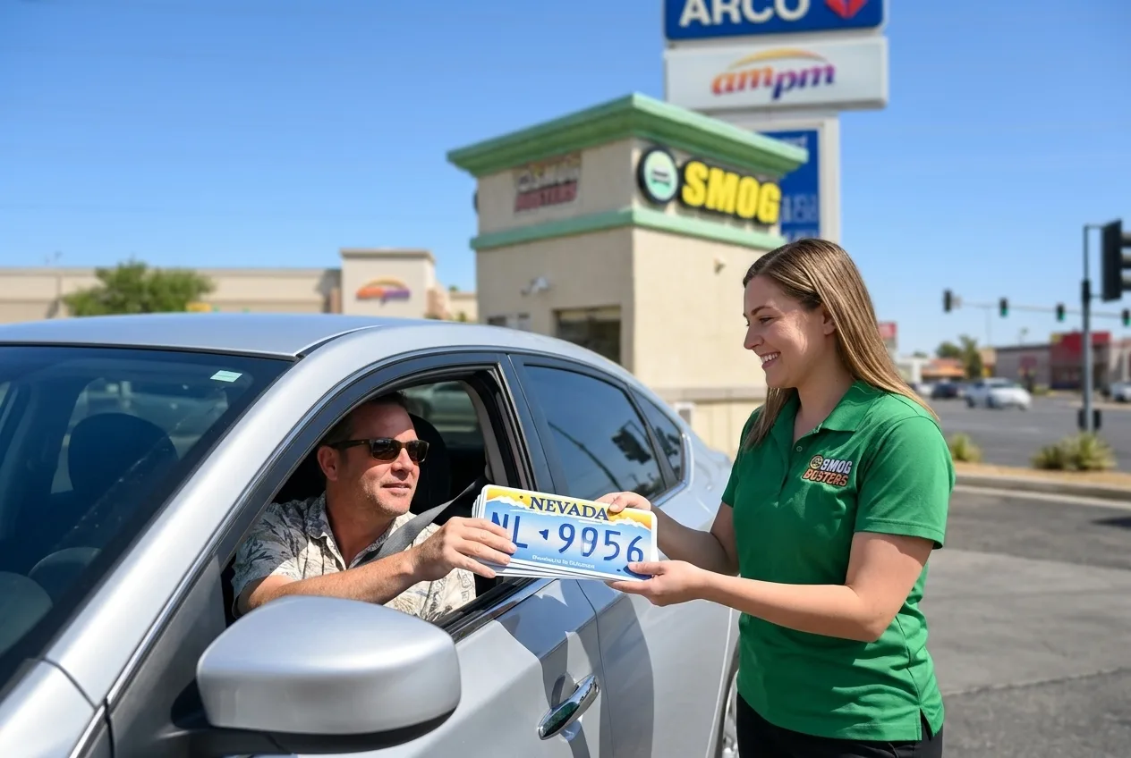 Smog Busters technician at the Rainbow & Russell hut helping a customer with DMV paperwork