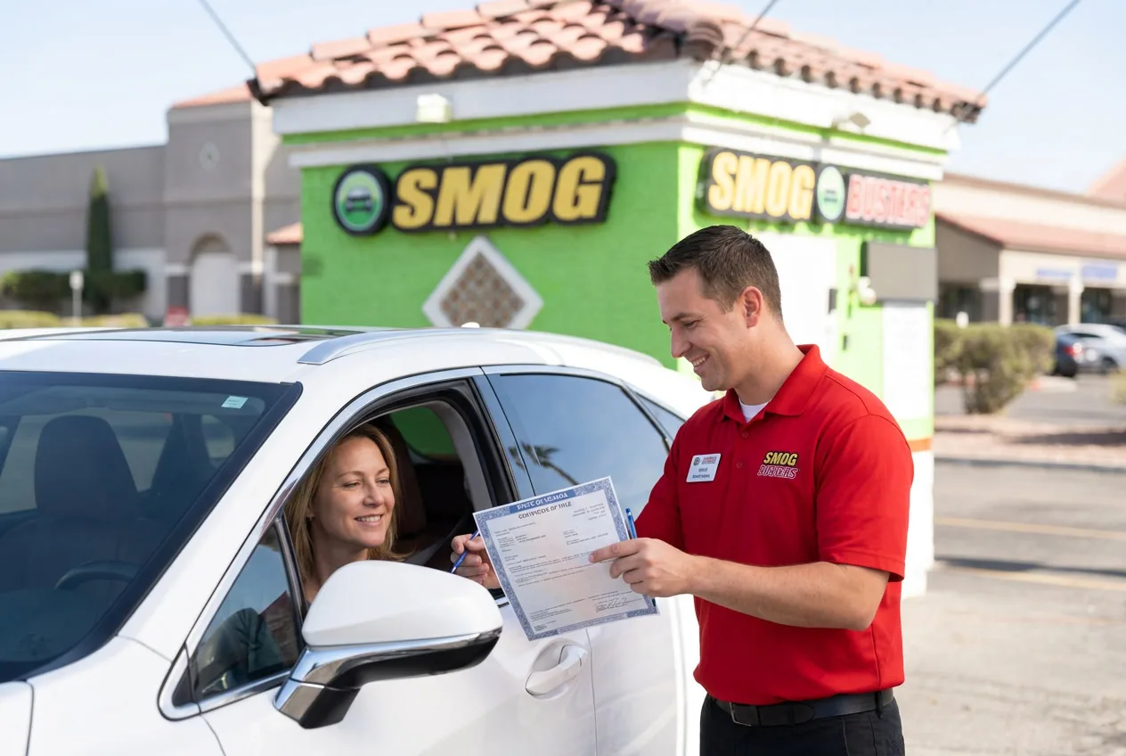 Spanish-speaking technician at the Rancho & Craig Smog Busters hut helping a customer with DMV paperwork