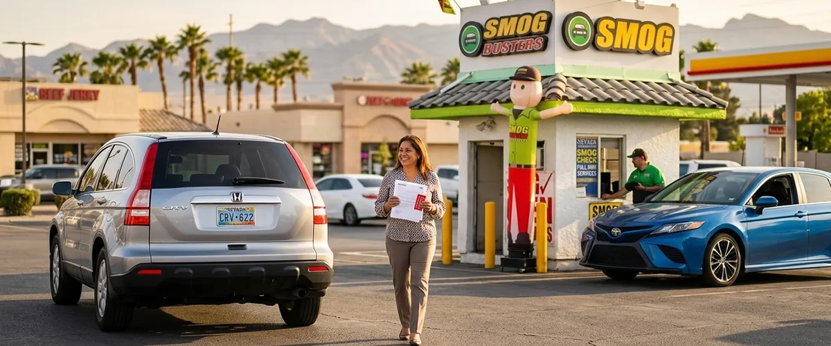 Happy customer leaving a Las Vegas Smog Busters location with registration paperwork in hand