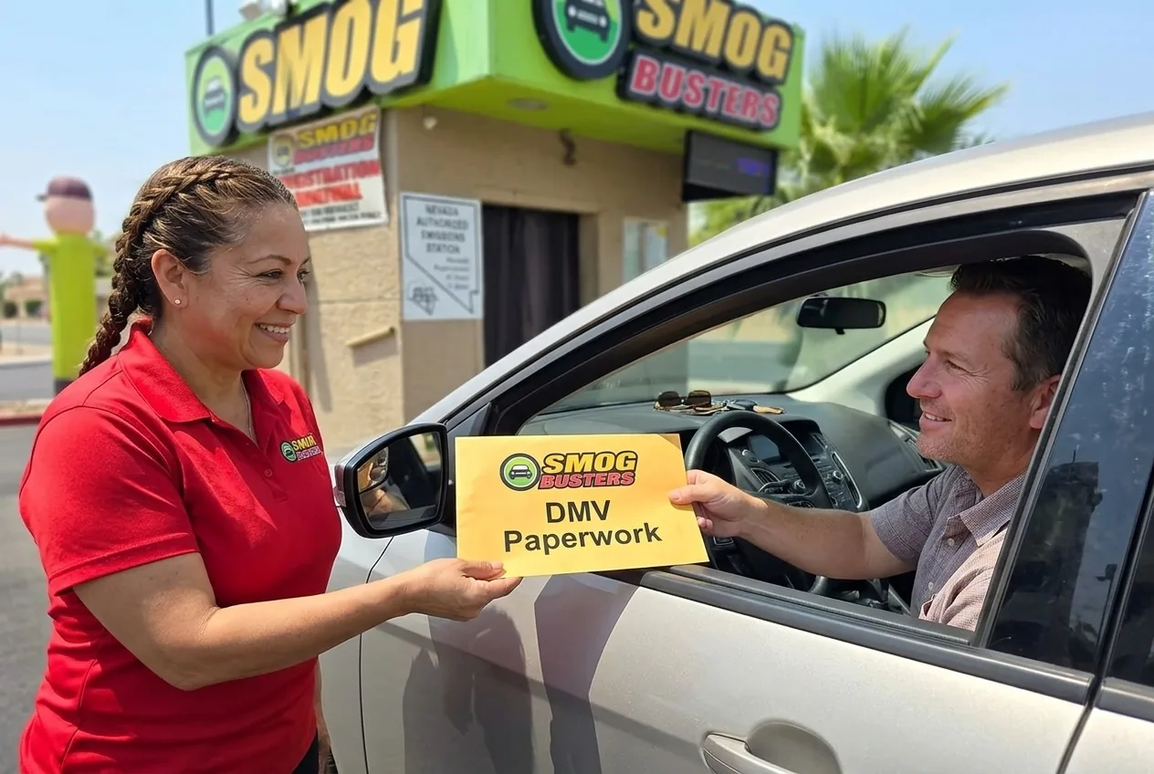 Spanish-speaking technician at the E Tropicana & Morris Smog Busters hut helping a customer with DMV paperwork