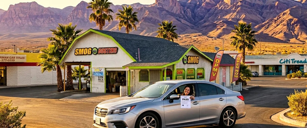 Sedan driving away from a Nevada 2G certified Smog Busters location after a successful smog repair and retest in Las Vegas