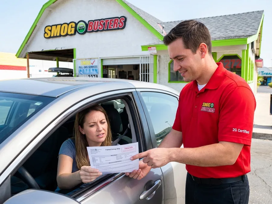 Las Vegas driver at a Nevada 2G certified Smog Busters hut after a failed smog check, with a technician at the window