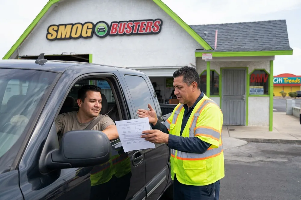Smog Busters Nevada 2G certified technician walking a Las Vegas customer through a smog repair plan at the hut