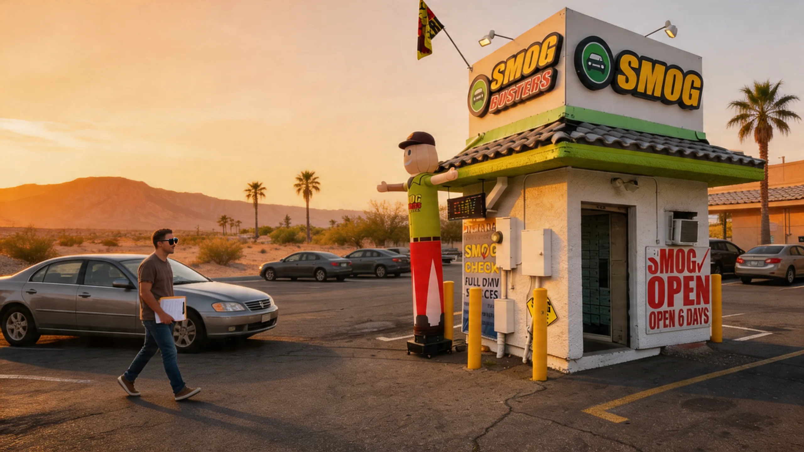 Walk-in DMV customer leaving Smog Busters satisfied after a quick service visit