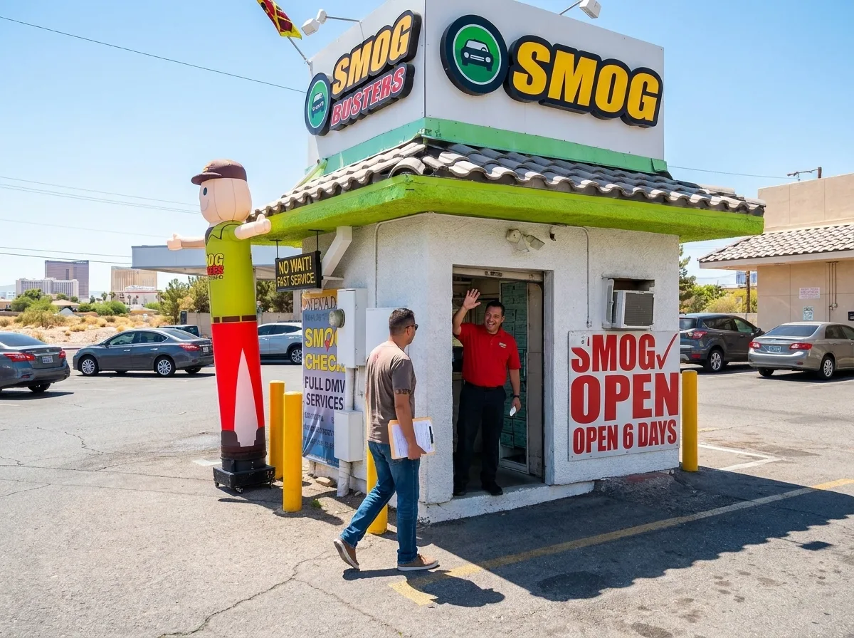 Customer walking up to a Smog Busters hut for no-appointment DMV services