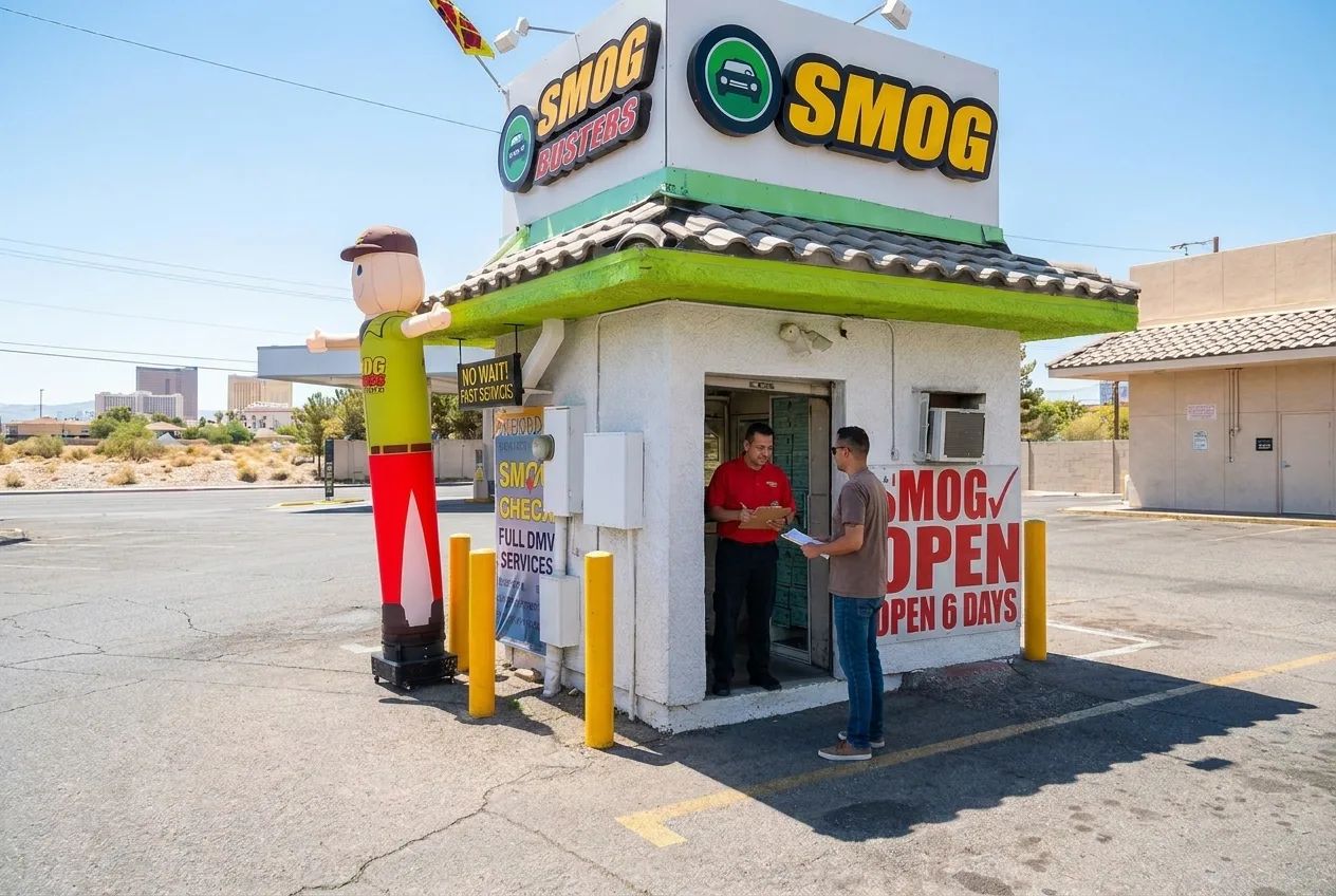 Smog Busters agent helping a walk-in DMV customer at the hut without an appointment